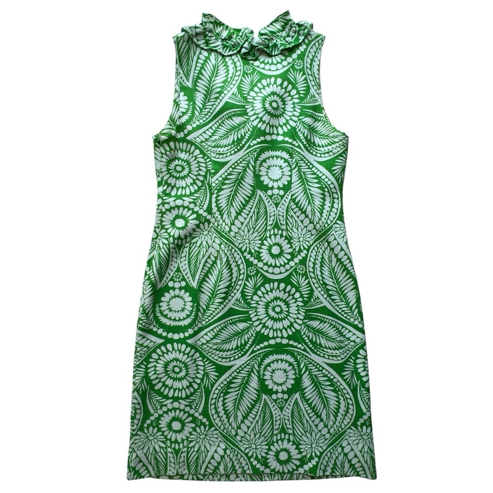 Kate Spade Dress Bonnie Botanical Green Sheath XS Ruffle Neck Sleeveless Floral - Picture 2 of 7